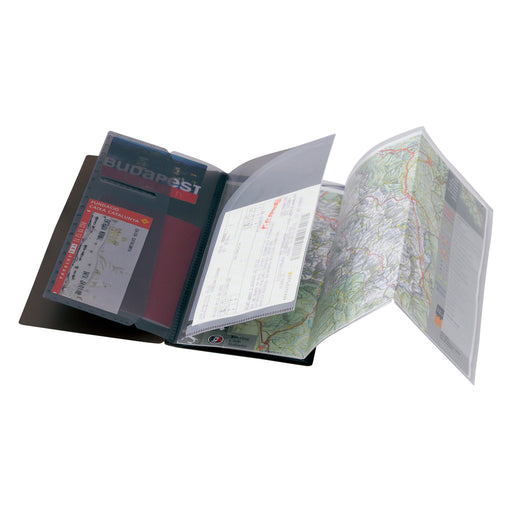 A slim, black Lihit Lab carrying pocket for travel with a plastic strap, displayed open to show its contents.