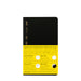 Black notebook with yellow label on a white background