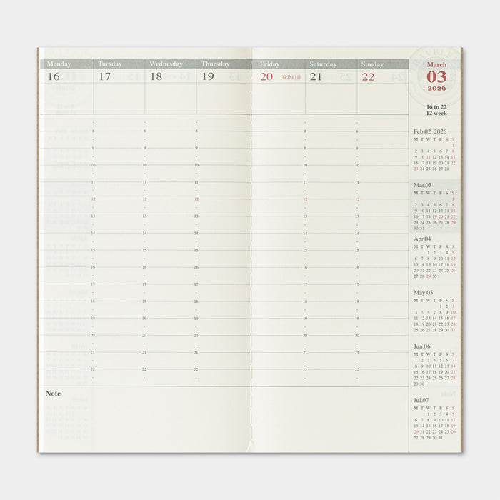 Traveler's Company 2026 - Weekly Vertical Diary Refill (Regular) -kalenteri